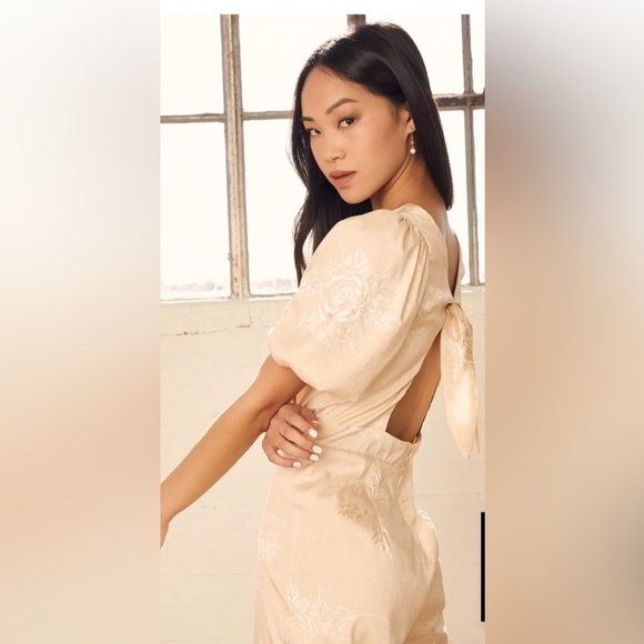 Lulus Time After Time Champagne Floral Jacquard Puff Sleeve Jumpsuit - Picture 3 of 5